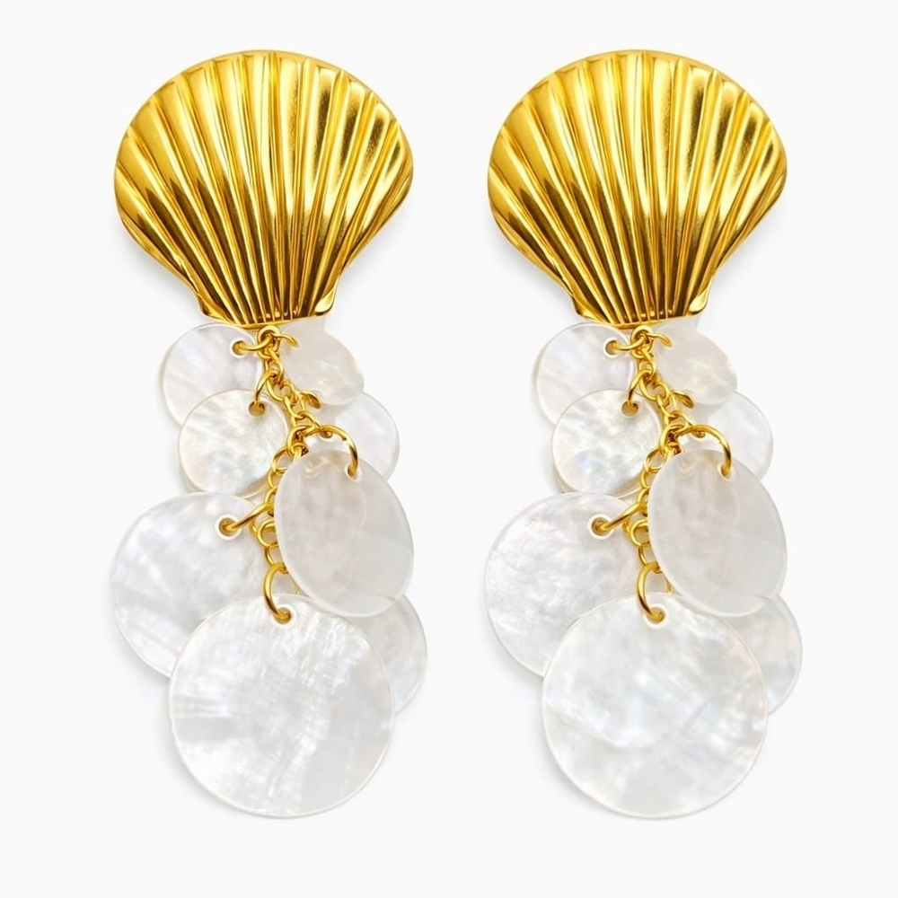 Gold Shell and Mother-of-Pearl Drop Earrings - Women Jewelry